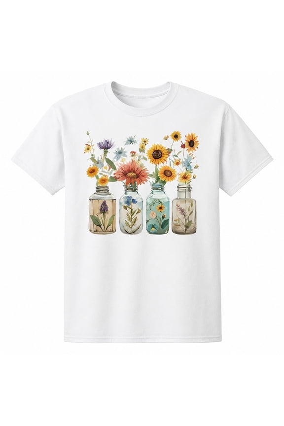 Women's Floral Mason Jar Graphic T-Shirt, Round Neck Short Sleeve Casual Tee
