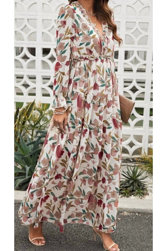 Women's Floral Maxi Dress Fall Long Sleeve V Neck Princess Sleeve Elegant Fairy Dress for Wedding Guest, Vacation