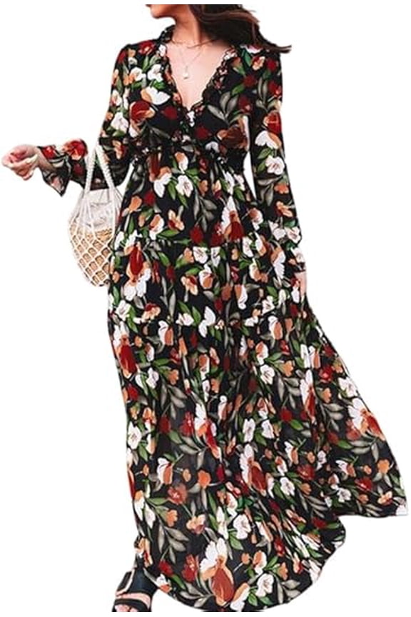 Womens Casual Boho Floral Printed V Neck Long Sleeve Maxi Dress for Spring Summer Vacation