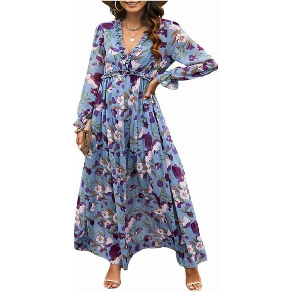 Women's Floral Maxi Dress Fall Long Sleeve V Neck Princess Sleeve Elegant Fairy Dress for Wedding Guest, Vacation