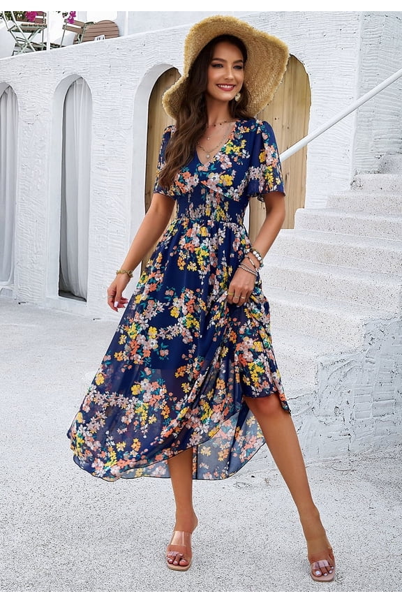 Women's Floral Maxi Dress Flowy V Neck Empire Waist Summer Wedding Guest Party Casual Chiffon Dress