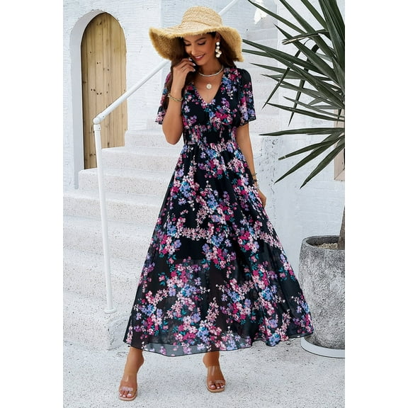 Women's Floral Maxi Dress Flowy V Neck Empire Waist Summer Wedding Guest Party Casual Chiffon Dress