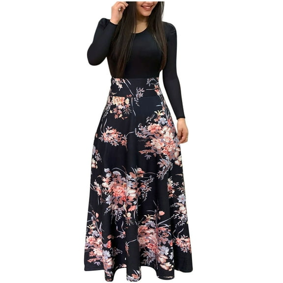 Women‘s Floral Maxi Dress Long Sleeve Patchwork High Waist A Line Dresses Casual Fall Boho Dress with Pockets