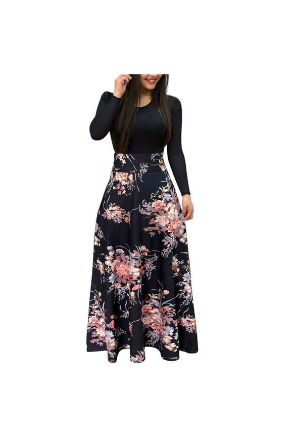 Women‘s Floral Maxi Dress Long Sleeve Patchwork High Waist A Line Dresses Casual Fall Boho Dress with Pockets