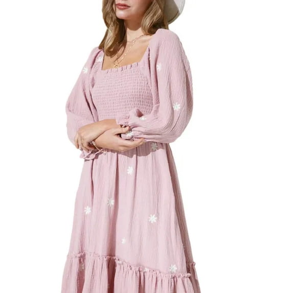 Women's Floral Maxi Dress Spring Autumn Retro Long Sleeve Casual Square Neck Ruffled A Line Dress Streetwear-a-M