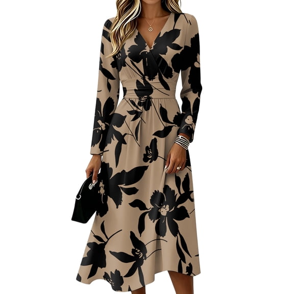 Women's Floral Maxi Dresses Floral Long Sleeve V Neck Dresses High Waist A-Line Swing Sundress
