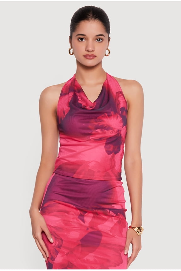 Women's Floral Mesh Cowl Neck Halter Top