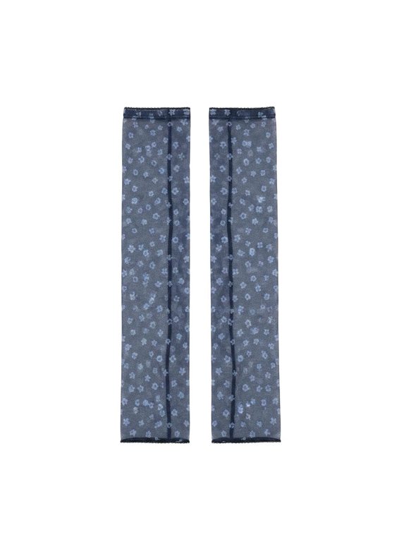 Women’s Floral Mesh Footless Calf Socks, Dark Blue, One Size, small floral print, sheer footless mesh, slouchy calf length