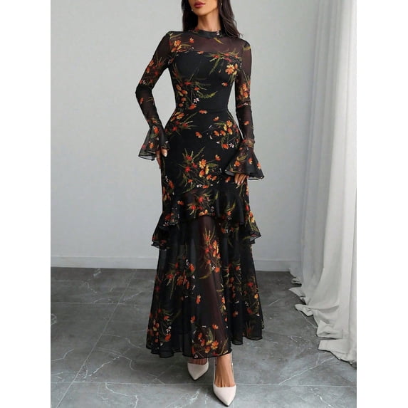 Women’s Floral Mesh Maxi Dress, Long Sleeve Bodycon Mermaid Evening Gown with Flare Cuffs and Tiered Ruffle Hem, Black