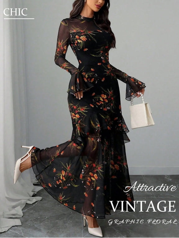 Women’s Floral Mesh Maxi Dress, Long Sleeve Bodycon Mermaid Evening Gown with Flare Cuffs and Tiered Ruffle Hem, Black