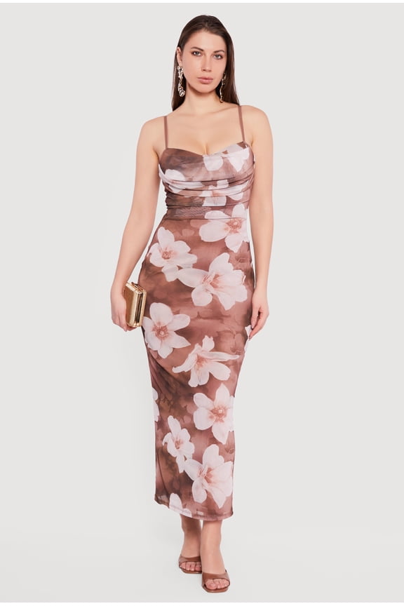 Women's Floral Mesh Overlay Cowl Neck Maxi Dress