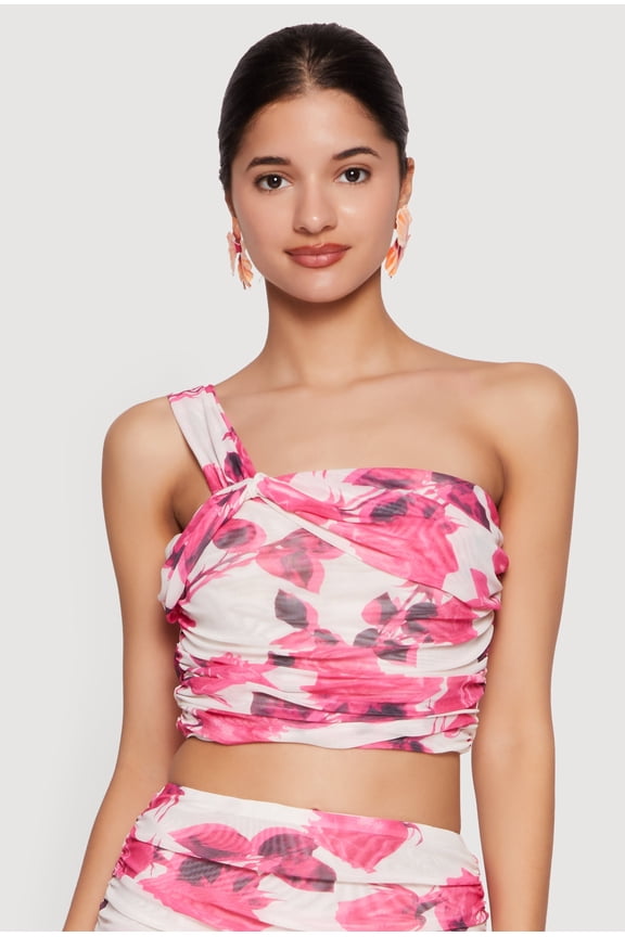 Women's Floral Mesh Ruched Side One Shoulder Crop Top