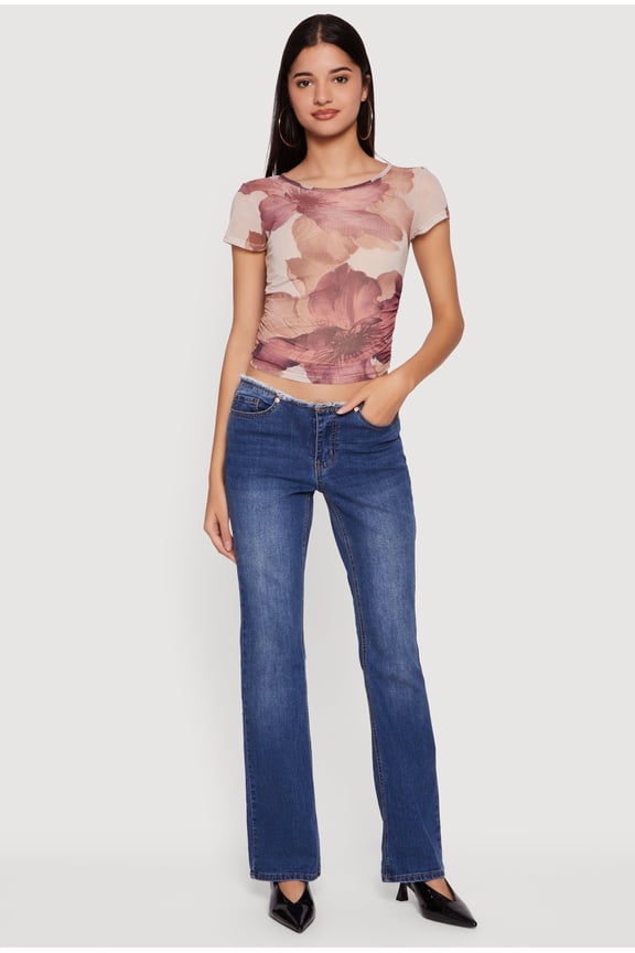 Women's Floral Mesh Ruched Side Top