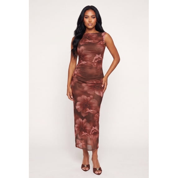 Women's Floral Mesh Side Ruched Mock Neck Maxi Dress