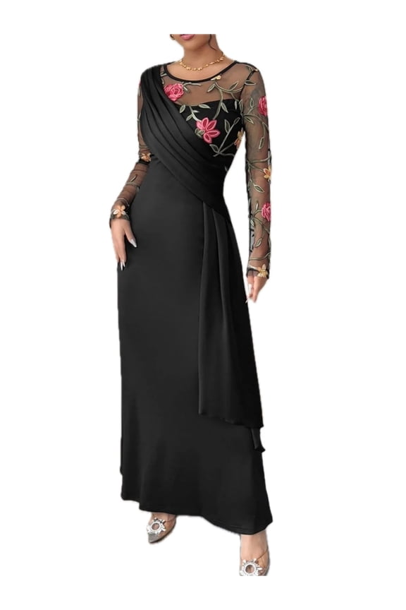 Women's Floral Mesh Sleeve Ruched Maxi Dress with Sheer Stretch Lined 95% Polyester 5% Elastane Ideal for Evening Events