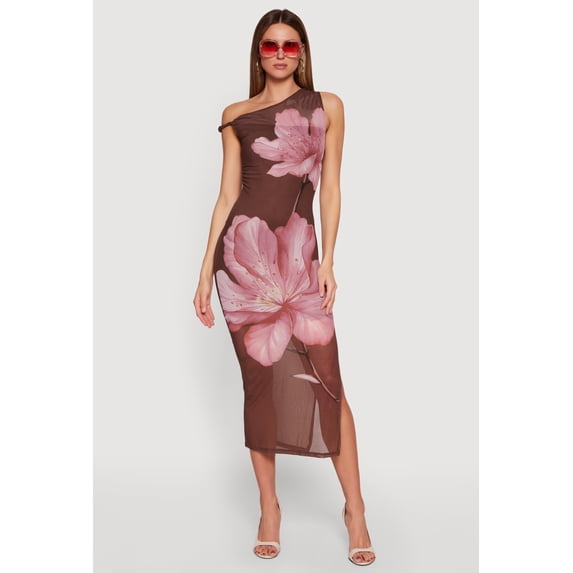 Women's Floral Mesh Sleeveless One Shoulder Dress
