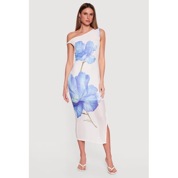 Women's Floral Mesh Sleeveless One Shoulder Dress