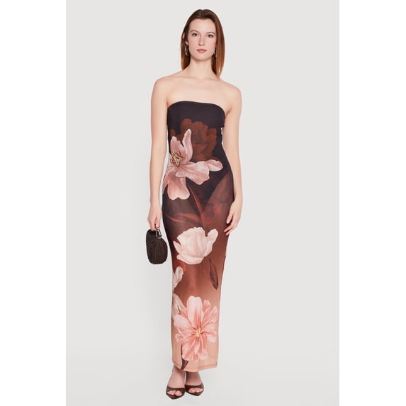 Women's Floral Mesh Strapless Maxi Dress with Built-In Bodysuit