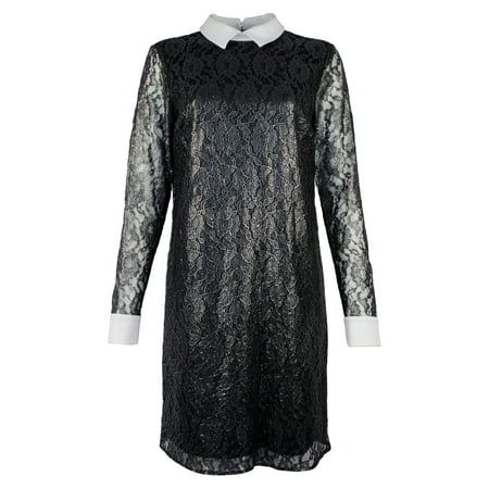 Women's Floral Metallic Lace Shift Shirt Dress Blk 4