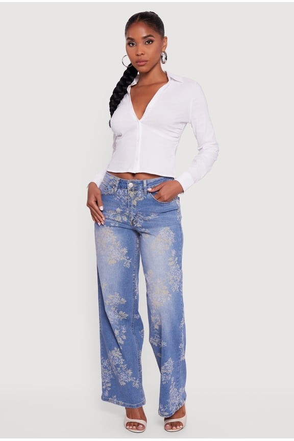 Women's Floral Mid Rise Wide Leg Jeans