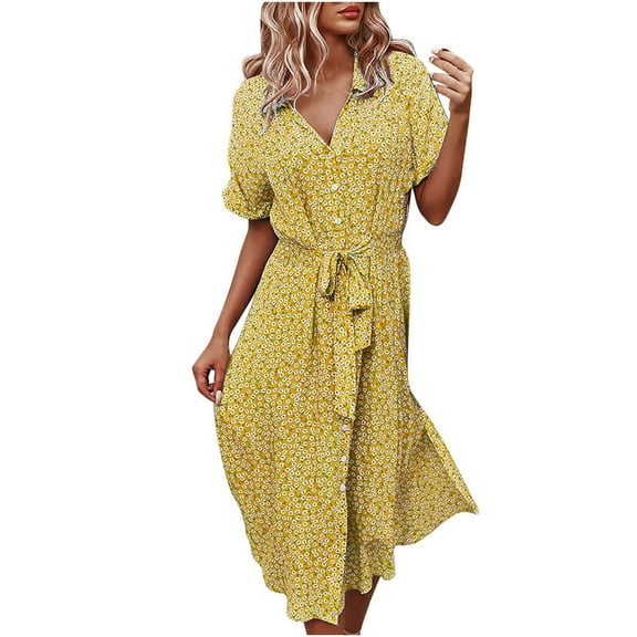 Women's Floral Midi Dress Flowy Button Down Short Sleeve Collared Casual Summer Vacation Shirt Dress with Belt