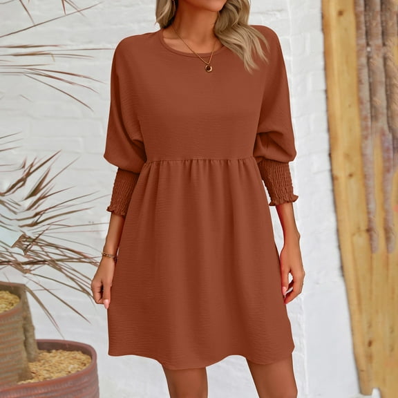 Women's Floral Midi Dress Long Sleeve Shirred Bodice Casual Comfortable Fall Party Beach Dress