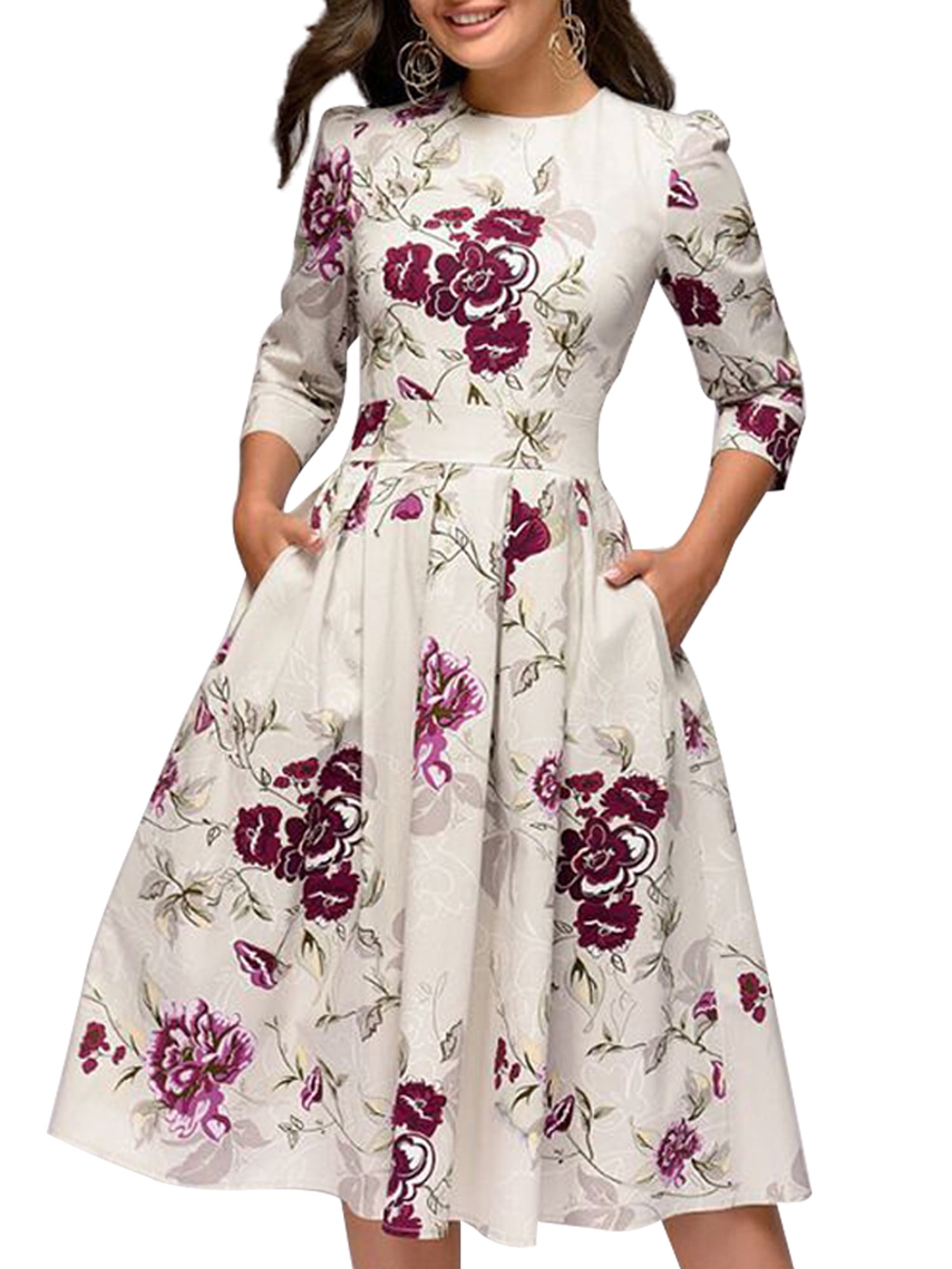 Women s Floral Midi Dress with Pockets Ladies Vintage Elegant Evening Dress Dress White L Walmart