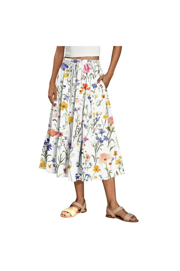 Llgiddwo Women's Floral Midi Skirt Casual Elastic Waist Pleated Skirt with Pocket Summer Beach Vacation Clothes for Women 2025