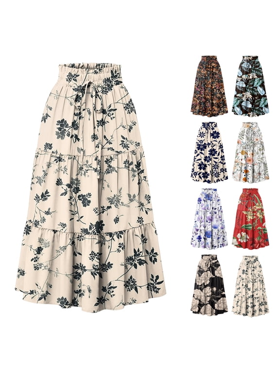 Women's Floral Midi Skirt, Drawstring High Waist Tiered Pleated Skirt, Casual Boho Skirt for Vacation, Daily Wear and Spring Outfits,Coffee,L