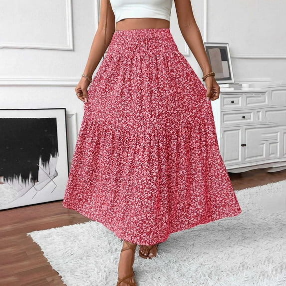 Women's Floral Midi Skirt Elastic Waist A-Line Lightweight Long Skirt Ankle Length Summer Casual Daywear Beach Party Flowy Skirt
