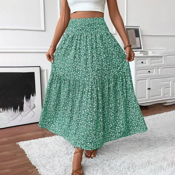 Women's Floral Midi Skirt Elastic Waist A-Line Lightweight Long Skirt Ankle Length Summer Casual Daywear Beach Party Flowy Skirt