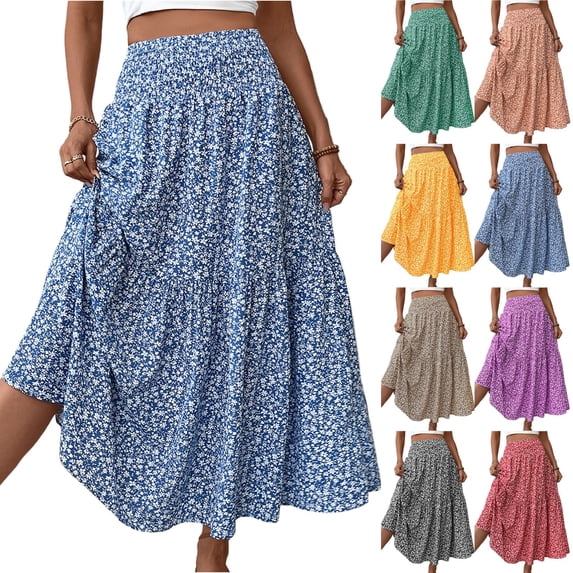 Women's Floral Midi Skirt with Pockets High Elastic Waist Flowy Ruffle Casual Summer Boho Aline Skirts