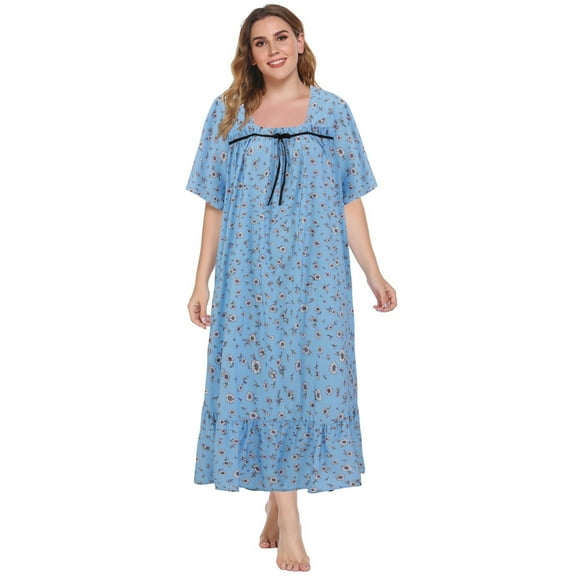 Women's Floral Nightgown Square Neck Short Sleeve House Dress Soft Comfy Sleepwear Plus Size Lounge Dress