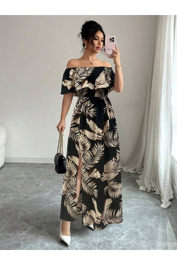 Women's Floral Off Shoulder Maxi Dress with Ruffle Trim, High-Low Hem & Front Slit for Beach Vacation