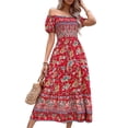 thumbnail image 1 of Women's Floral Off Shoulder Smocked Midi Dress 100% viscose Lightweight Vacation Ready Feminine Everyday Dress, 1 of 5