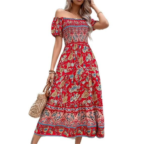 Women's Floral Off Shoulder Smocked Midi Dress 100% viscose Lightweight Vacation Ready Feminine Everyday Dress