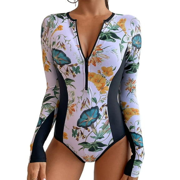 Women's Floral One Piece Rashguard Swimsuit Zip Front Surfing Shirt Sun Protection Swimwear