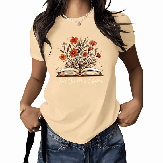 Women's Floral Open Book Graphic T-Shirt Just One More Chapter Literary Quote Print Short Sleeve Crewneck Reader Gift Top Plus Size