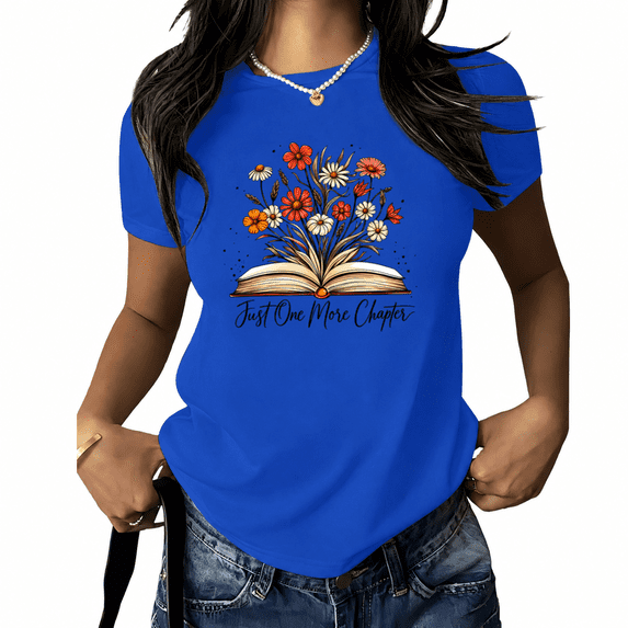 Women's Floral Open Book Graphic T-Shirt Just One More Chapter Literary Quote Print Short Sleeve Crewneck Reader Gift Top Plus Size
