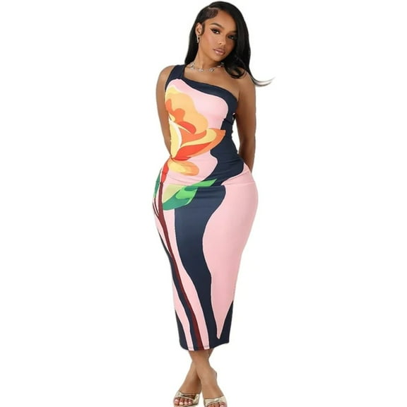 Women's Floral Painting Print Single Shoulder Diagonal Collar Sleeveless Dress, Hips Wrapped, Sexy