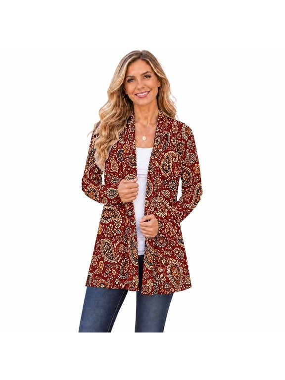 Women's Floral Paisley Open Front Long Sleeve Cardigan