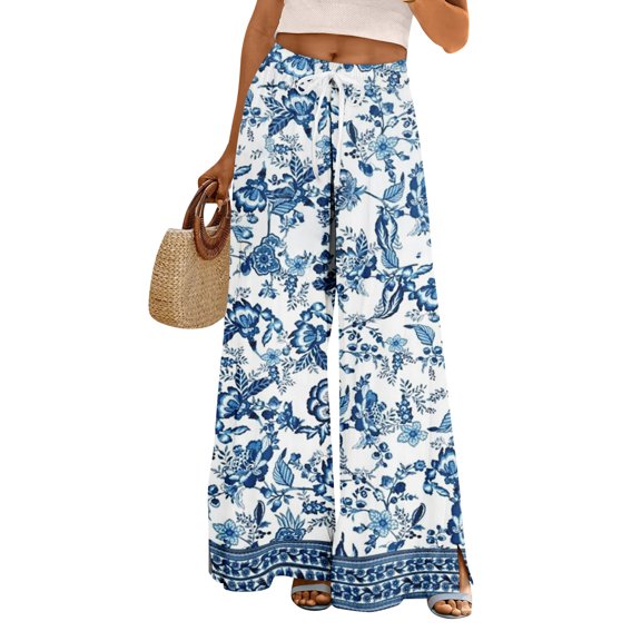 Women's Floral Palazzo Pants - High Waist Wide Leg Bohemian Summer Casual Trousers with Elastic Waist & Pockets ,Blue,2XL