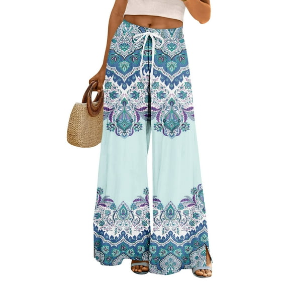 Women's Floral Palazzo Pants - High Waist Wide Leg Bohemian Summer Casual Trousers with Elastic Waist & Pockets ,Light Blue,M