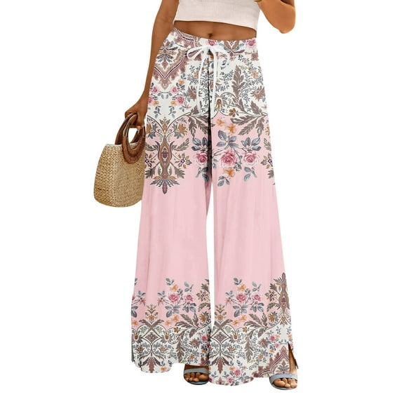 Women's Floral Palazzo Pants - High Waist Wide Leg Bohemian Summer Casual Trousers with Elastic Waist & Pockets ,Pink,S