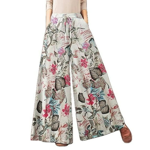 Women's Floral Pants - High Waisted Wide Leg Beach Pants with Pockets & Elastic Waist for Summer