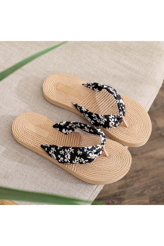 Women's Floral Pattern Flip Flop Slippers Casual Summer Beach Slippers Grass Weave Non Thong Sandals (Black 7)