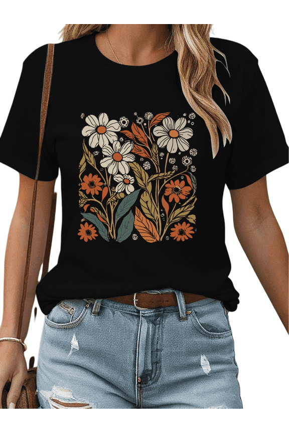 Women's Floral Pattern Graphic Breathable T Shirt Casual Cotton Short Sleeve Round Neck Top Black S-5XL