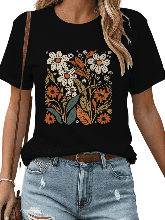 Women's Floral Pattern Graphic Breathable T Shirt Casual Cotton Short Sleeve Round Neck Top Black S-5XL