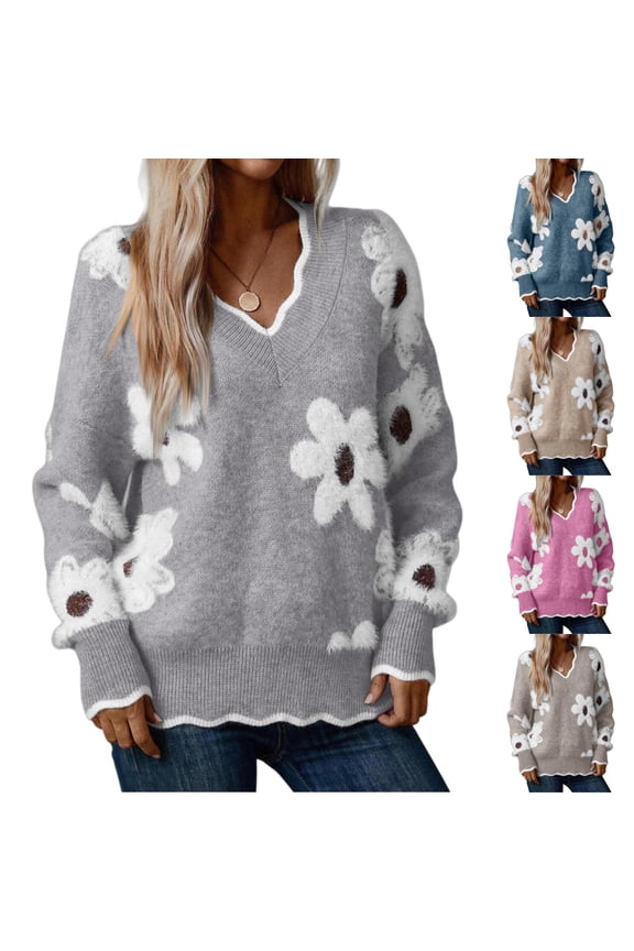 Women's Floral Pattern Scallop Trim Sweater, V Neck Sexy Drop Shoulder Knit Pullover Sweaters Loose Daisy Sweater Blue XL