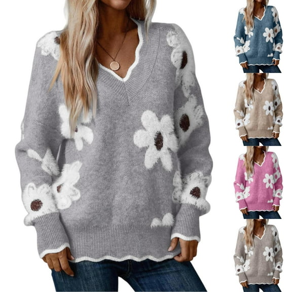 Women's Floral Pattern Scallop Trim Sweater, V Neck Sexy Drop Shoulder Knit Pullover Sweaters Loose Daisy Sweater Pink M